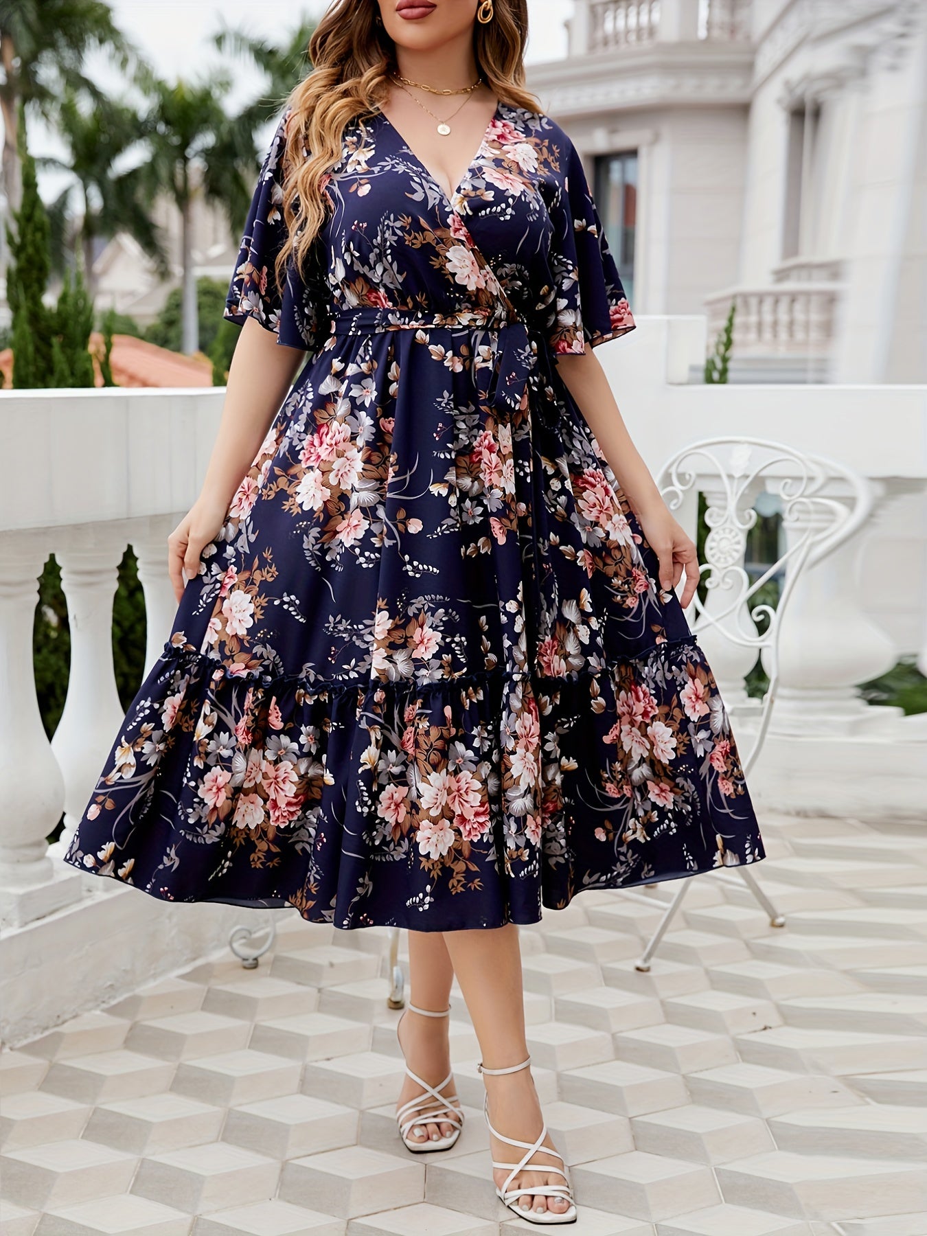Women's Plus Floral Print Flutter Sleeve Midi Smock Dress