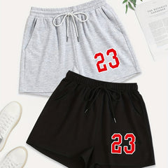 2 Pack Plus Size Sports Shorts Set Women's Plus Number Print Elastic Waist