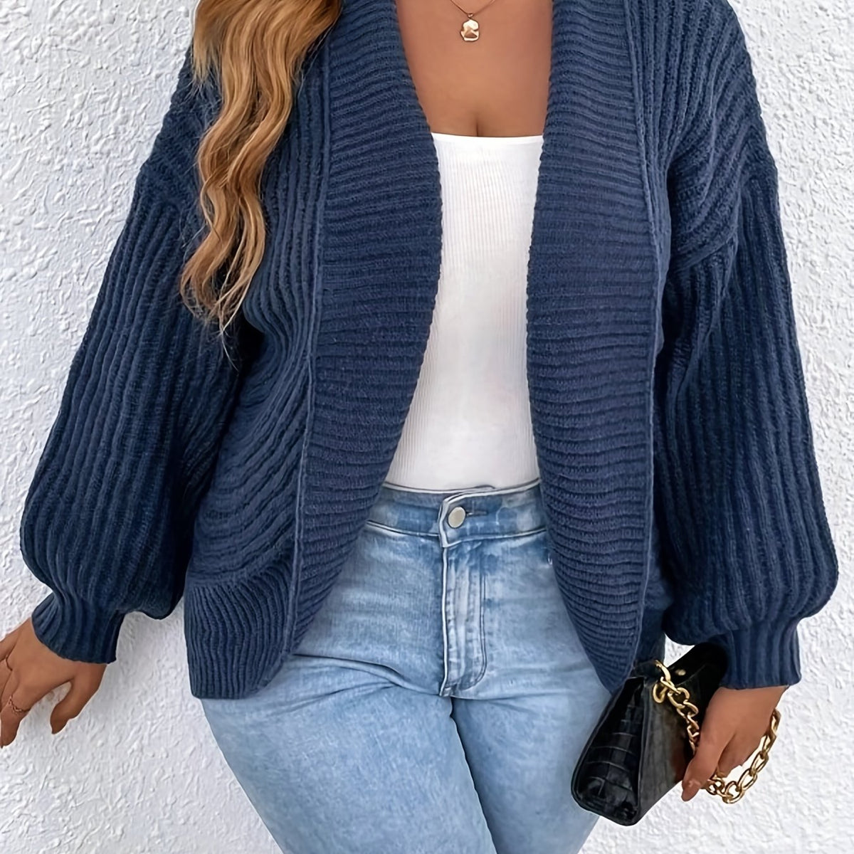  Solid Ribbed Lantern Sleeve Cardigan