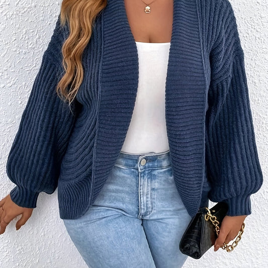  Solid Ribbed Lantern Sleeve Cardigan