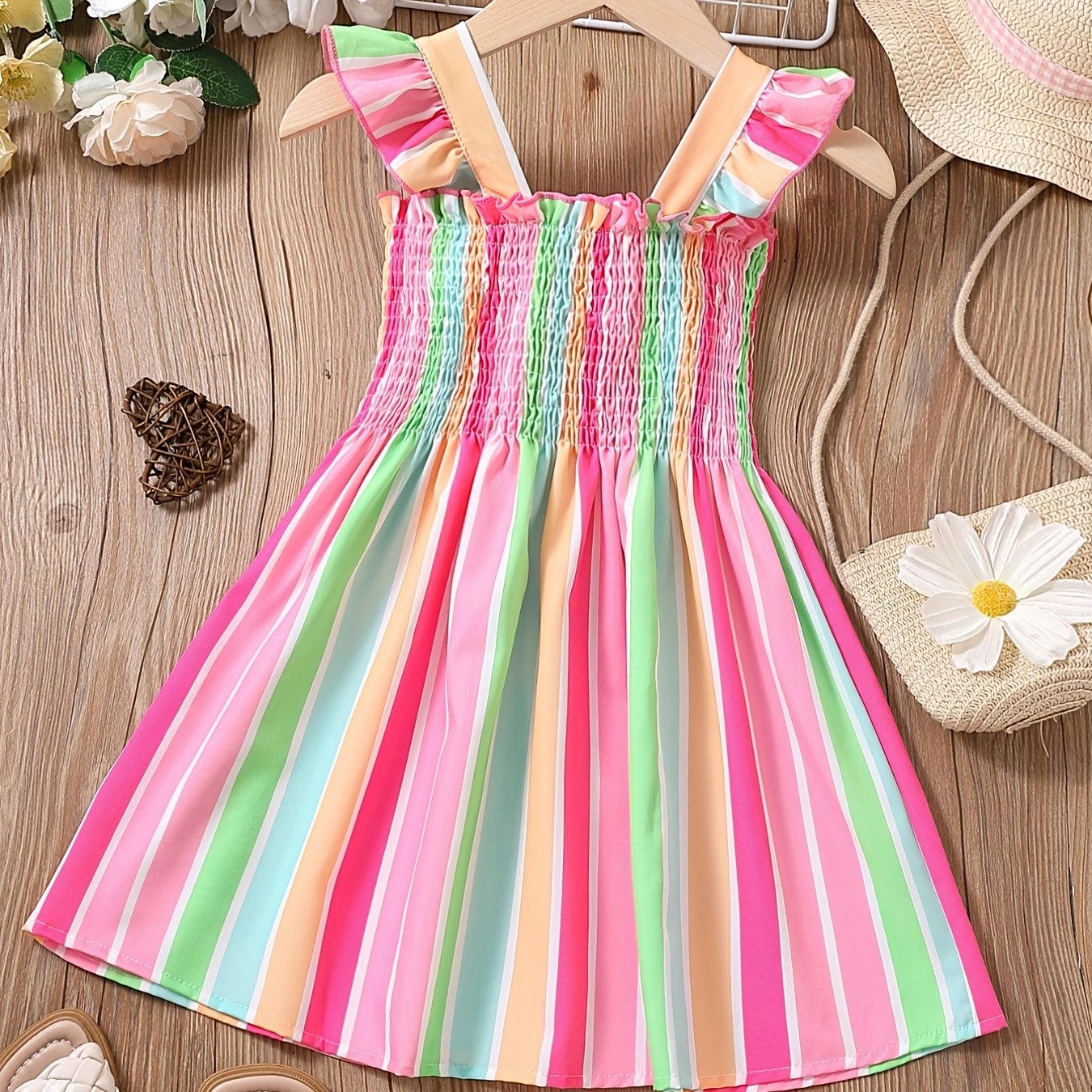 Girls Striped Sleeveless Dress Ruffles Ruched Summer Clothes