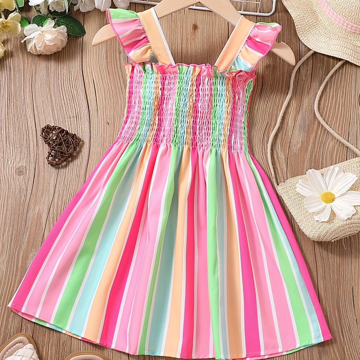 Girls Striped Sleeveless Dress Ruffles Ruched Summer Clothes