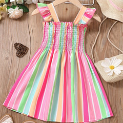 Girls Striped Sleeveless Dress Ruffles Ruched Summer Clothes