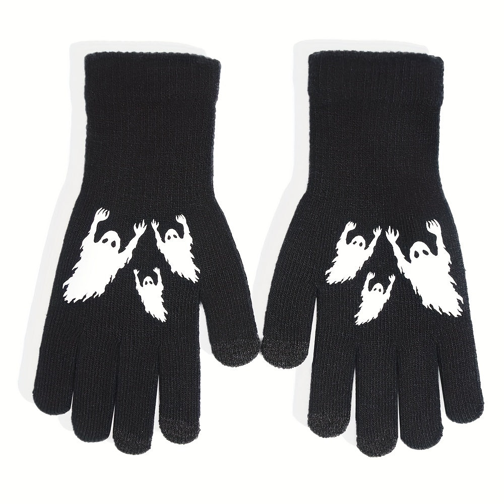 Halloween Ghost Pattern Touch Screen Gloves - Windproof Knitted Gloves