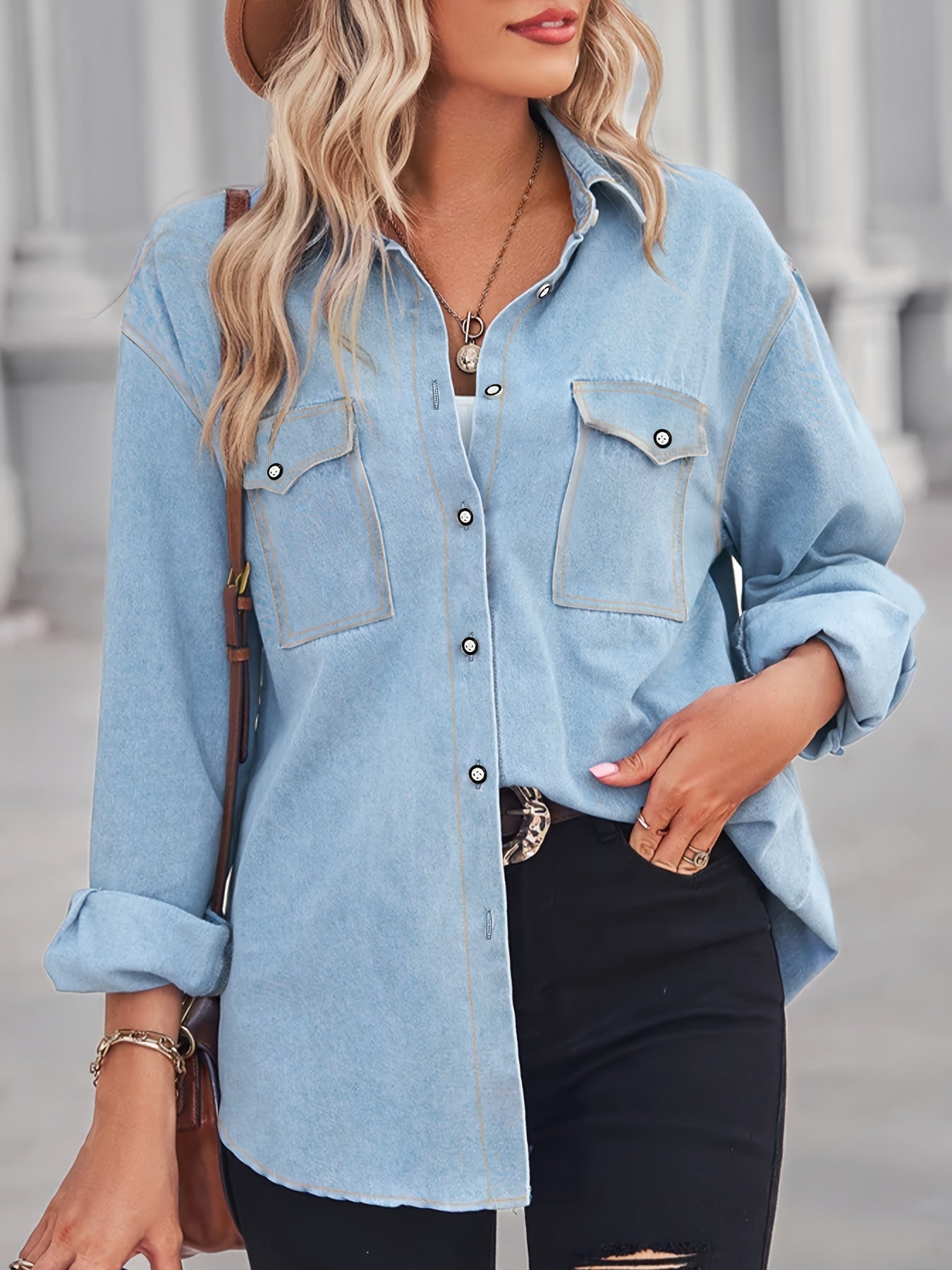  Casual Denim Top Women's Plus Solid Button Up Long Sleeve
