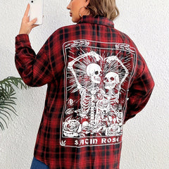  Casual Blouse Women's Plus Skull & Plaid Print Long Sleeve Shirt