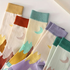 5 Pairs Moon Print Socks Colorblock Crew Socks Women's Stockings