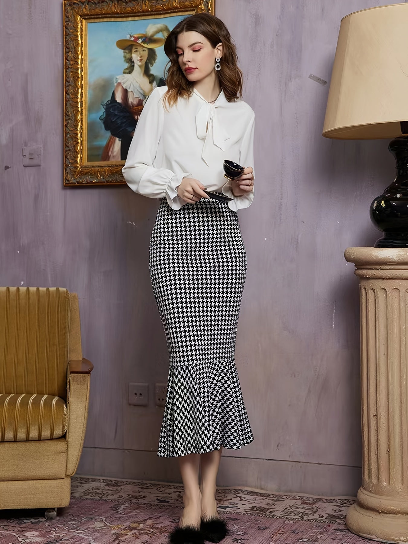 Houndstooth Mermaid Skirts Bodycon Slim Casual Maxi Skirts