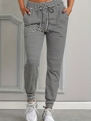  Stripe Print Elastic Drawstring High Rise Jogger Pants