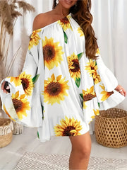  Women's Sunflower Print Bell Sleeve Pleated Dress