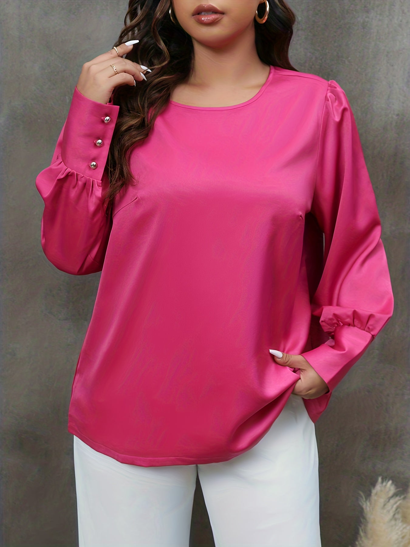 Solid Long Sleeve Round Neck Button Decor Blouse