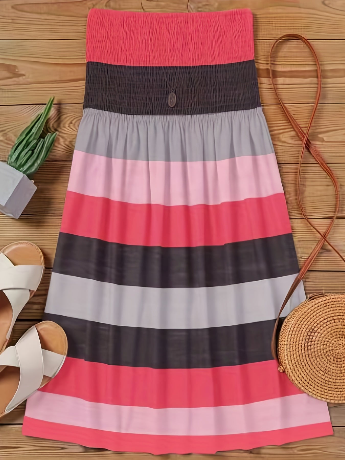  Shirred Stripe Print Stretch Tube Dress