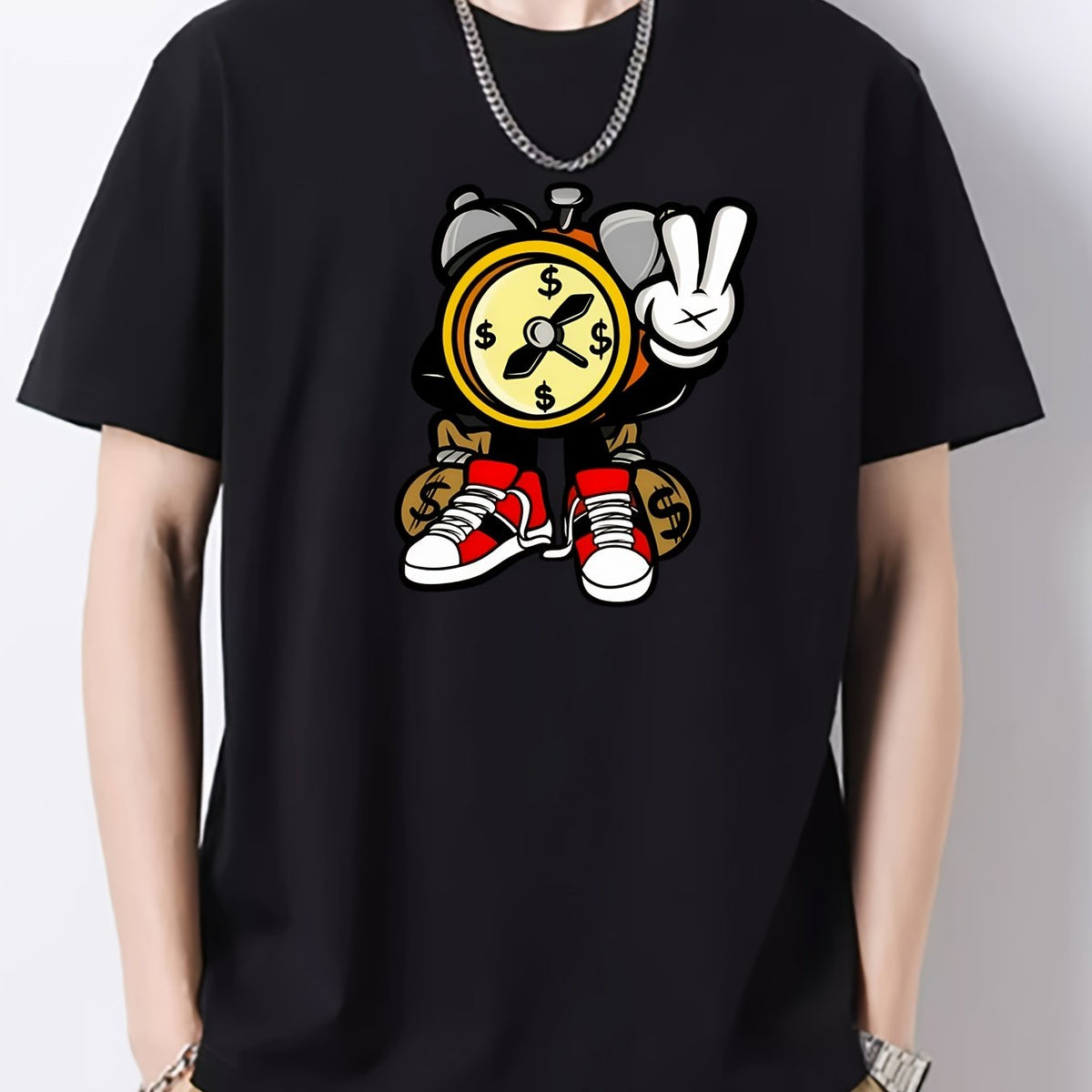 Cartoon Clock Print Men's Graphic Cotton Crew Neck T shirt