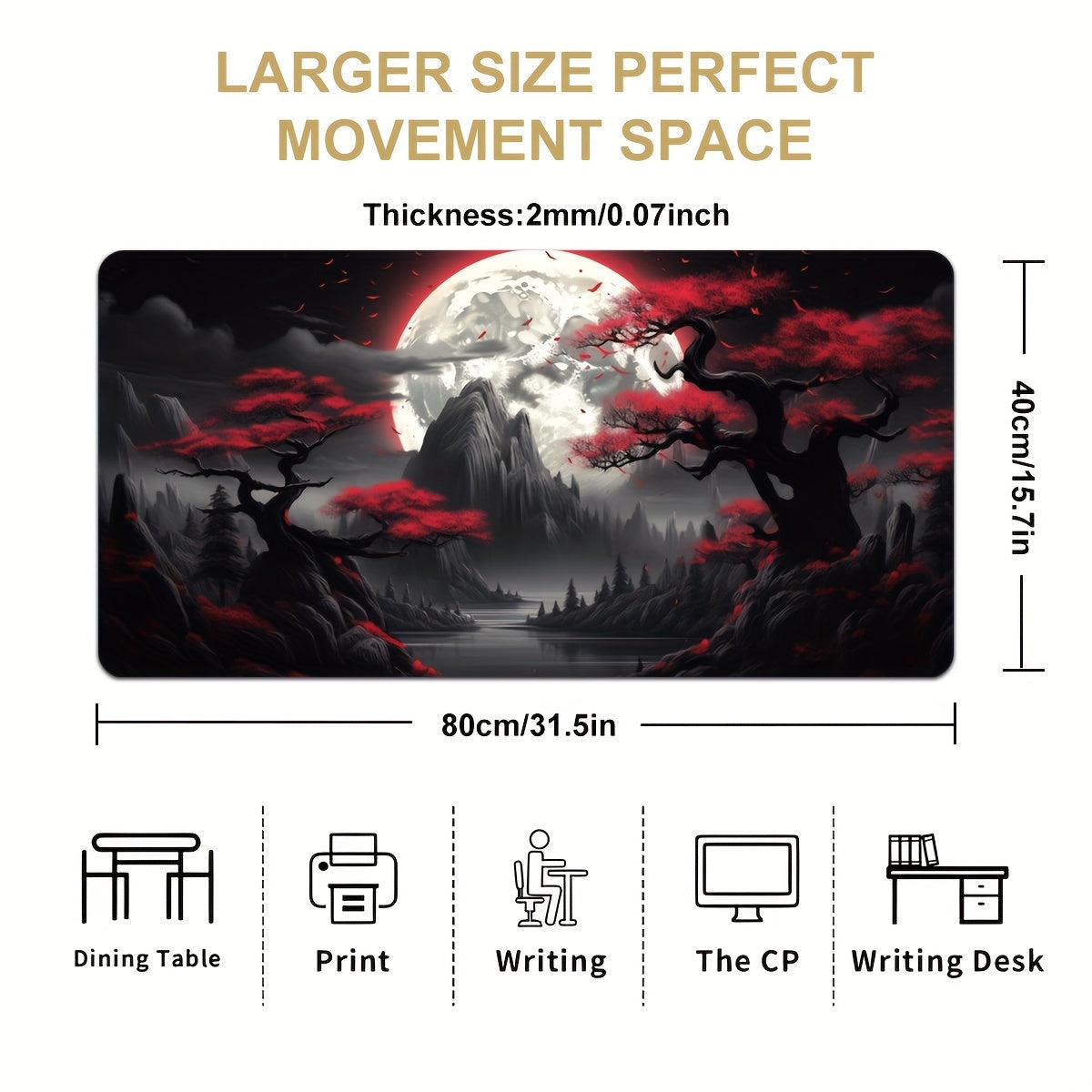 Dark Red Moon Desk Mat Large Gaming Mouse Pad Non Slip Computer Mat