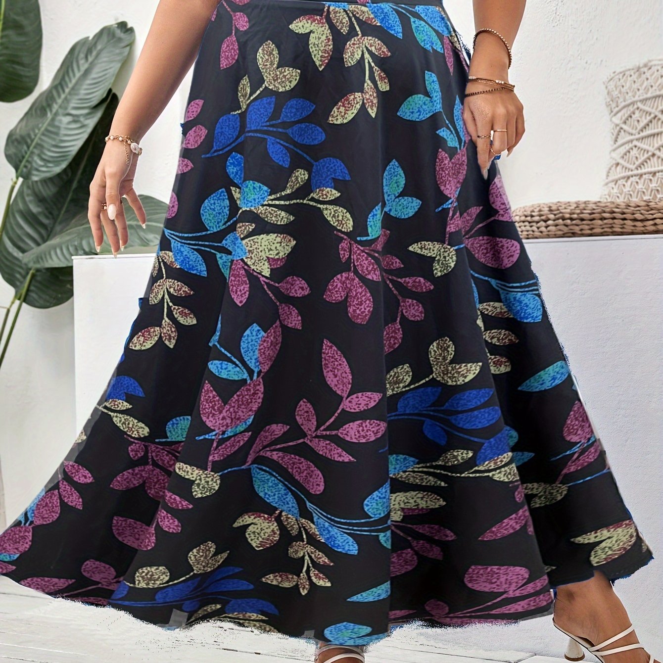  Leaf Print Elastic Waist Maxi Skirt