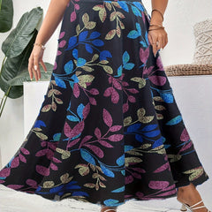  Leaf Print Elastic Waist Maxi Skirt