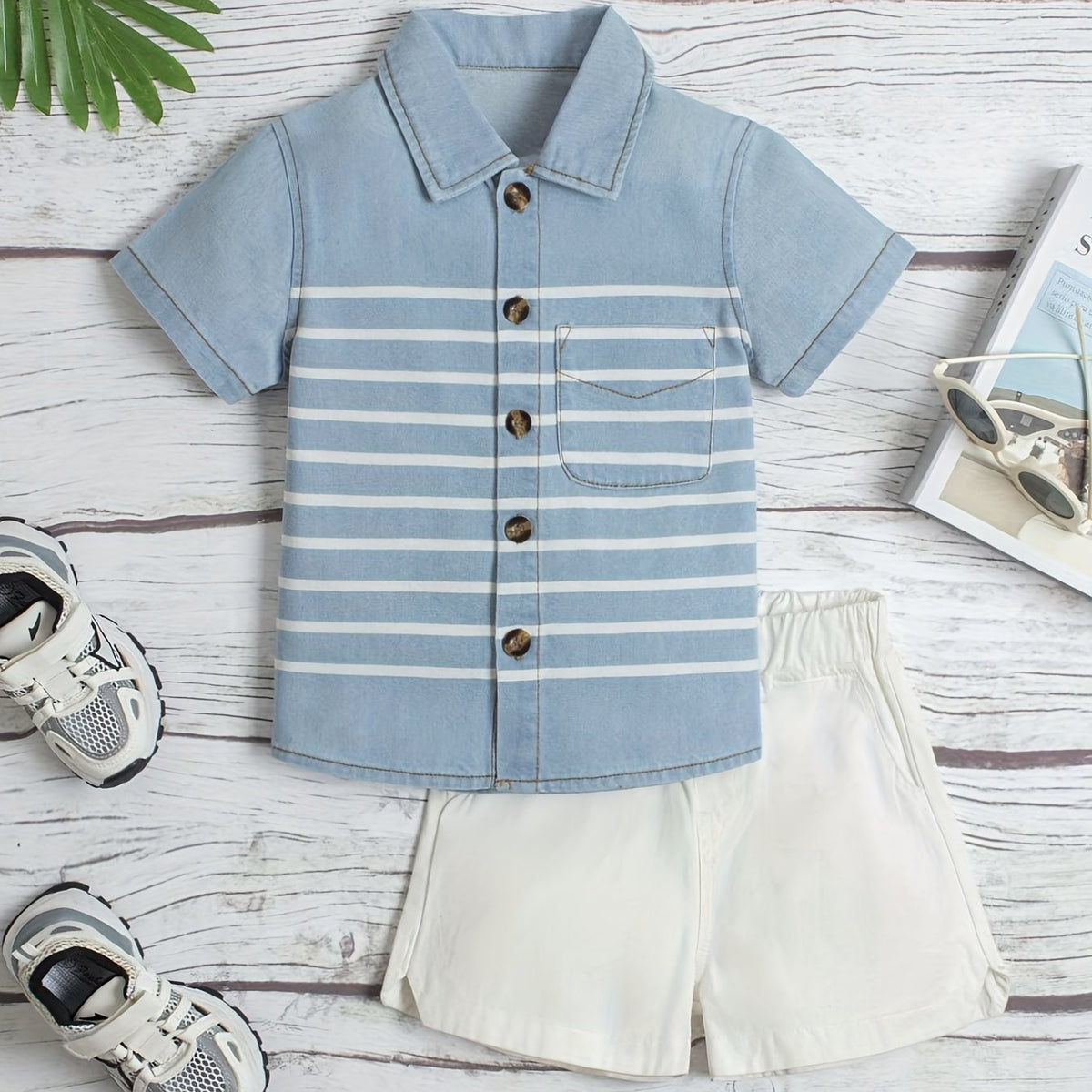 Boys Striped Denim Lapel Shirt Short Sleeve Button Down Tee