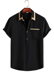 Men's Short Sleeve Button Up Shirt, Chest Pocket, Contrast Lapel