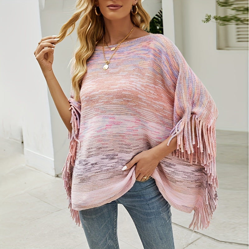 Colorful Loose Fringe Shawl Pullover Windproof Shawl Cape for Women