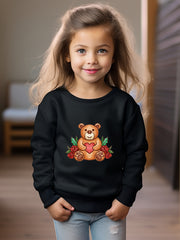 Cartoon Bear Print Girls Casual Pullover Sweatshirt Long Sleeve Tops