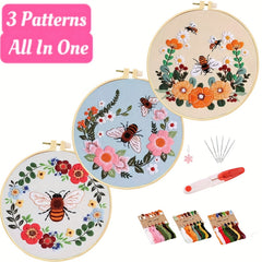 3 Pack Starter Embroidery Kits with Honeybee Flower Patterns