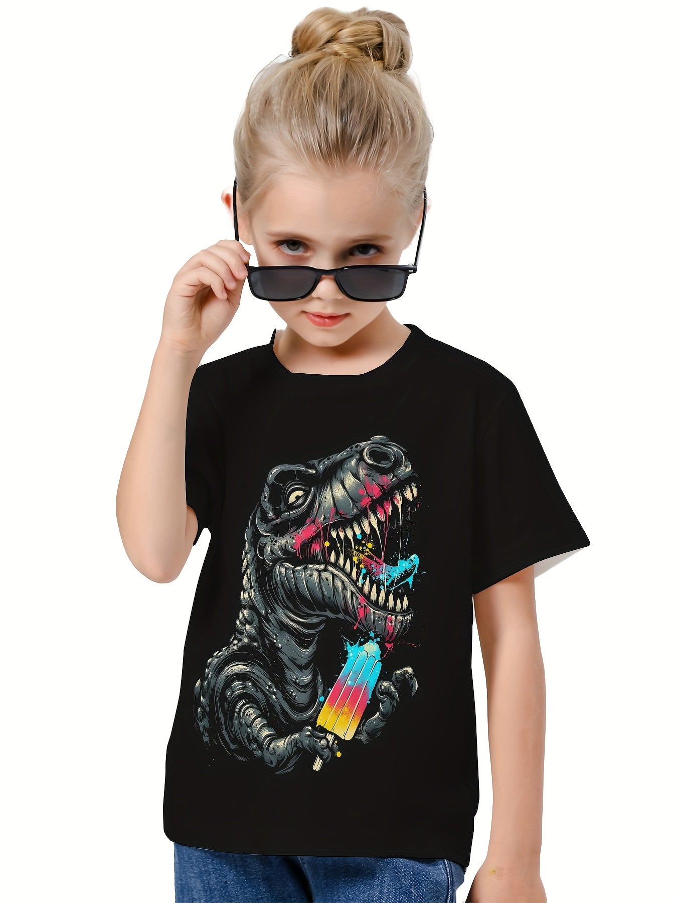 Girls 3D Dinosaur & Ice Cream Crew Neck T-shirt Summer Clothes