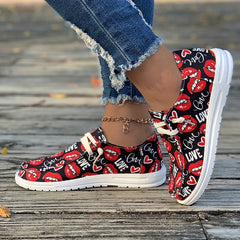 Love Print Boat Shoes Lightweight Low Canvas Shoes For Women