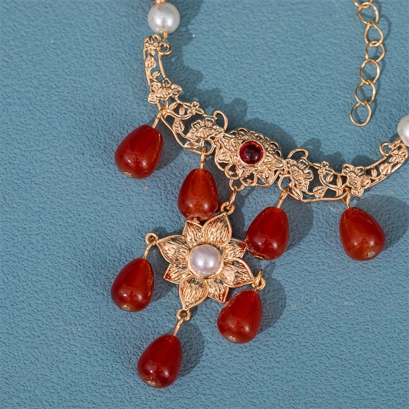 Vintage Faux Pearl Necklace with Red Agate Pendant Cheongsam Accessories