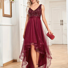 V Neck Sequined Dress Sleeveless Contrast Mesh Dress for Party