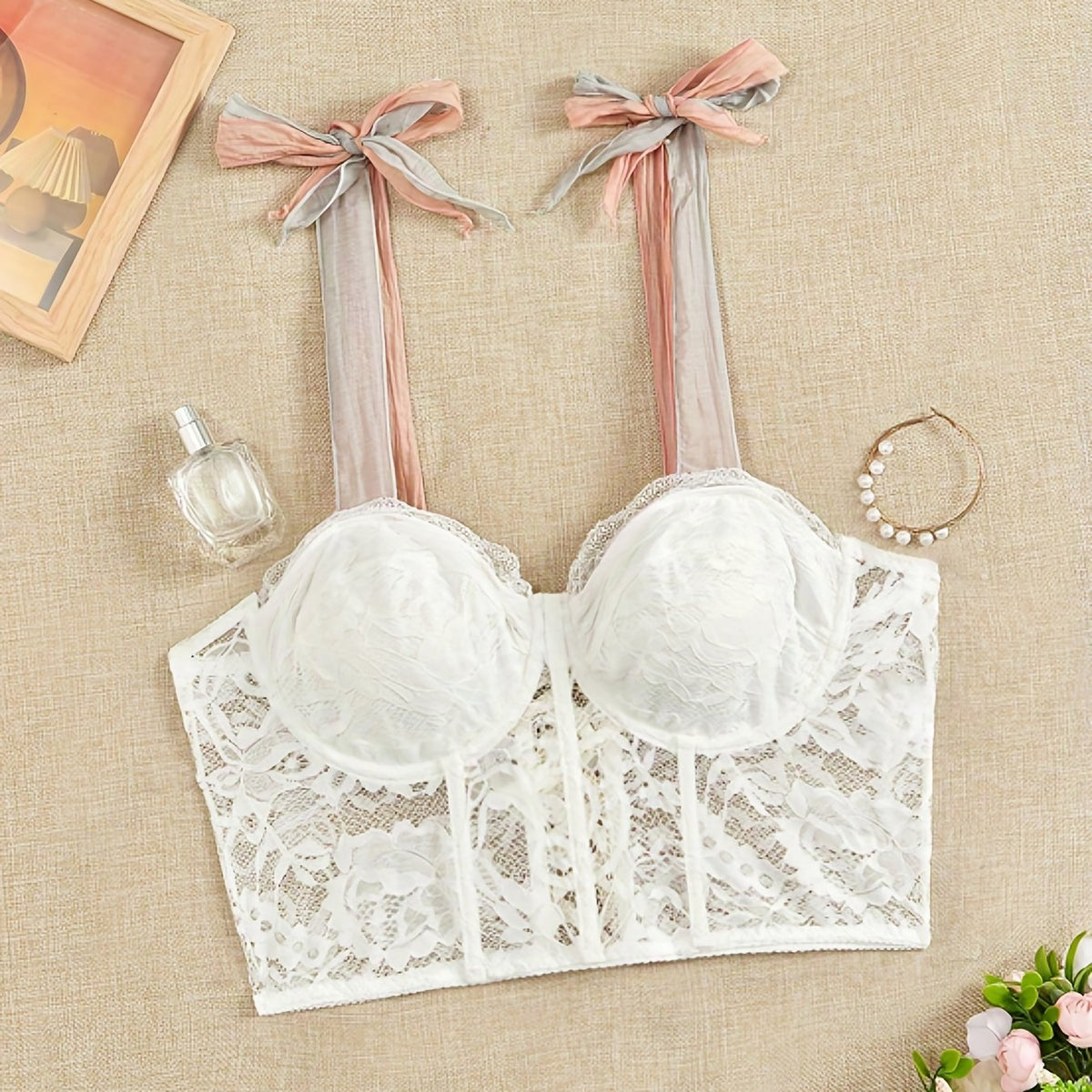  Lace Tie Shoulder Lace Up Back Cami Top