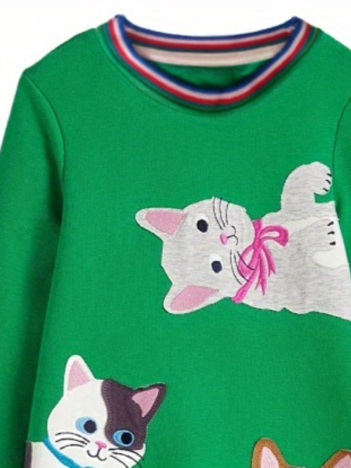 Girls' Thanksgiving Applique Dress, Green Cat Cartoon, 2-8Y