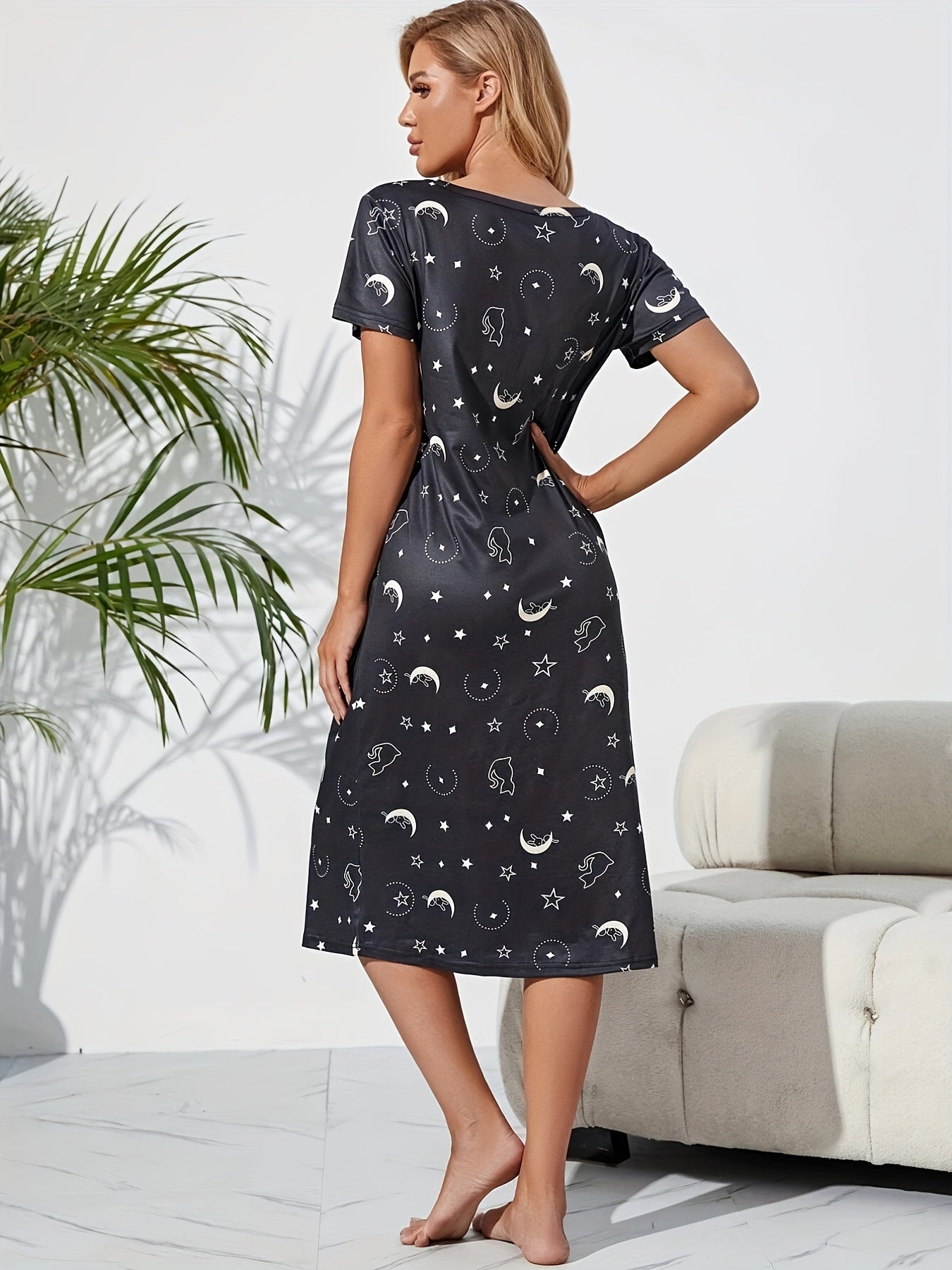 Starry Print Nightdress Casual Crew Neck Short Sleeve Sleep Dress