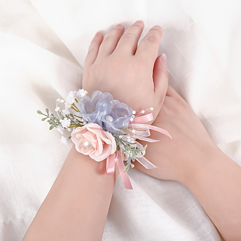 Faux Pearl Bracelet Wedding Corsage Fabric Hand Flowers