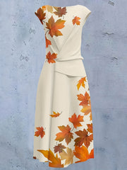  Maple Leaf Print Cap Sleeve Dress With Pockets