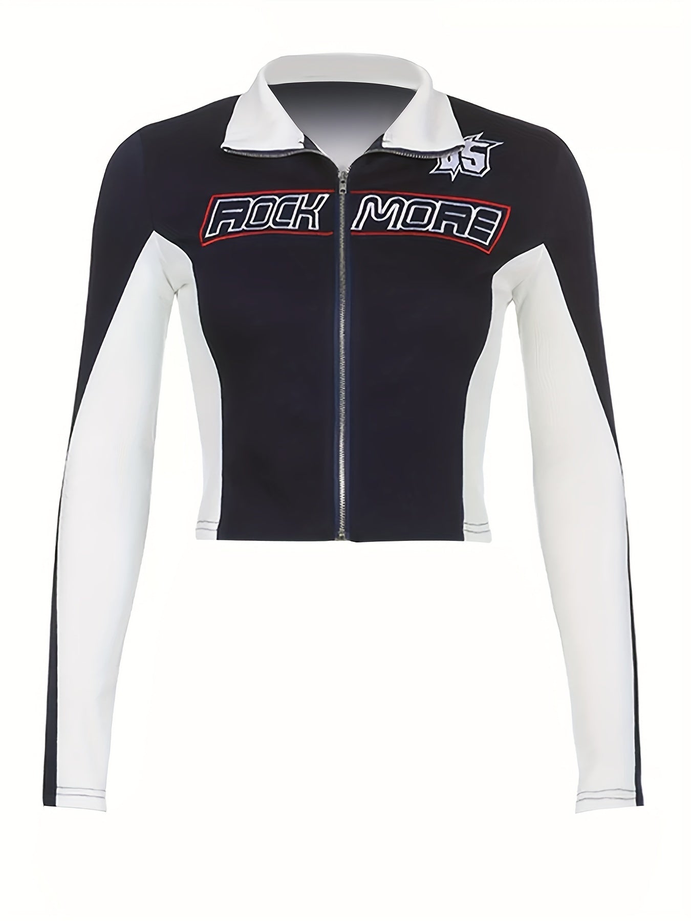 Letter Print Block Zip Up Long Sleeve Y2K Top