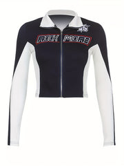 Letter Print Block Zip Up Long Sleeve Y2K Top