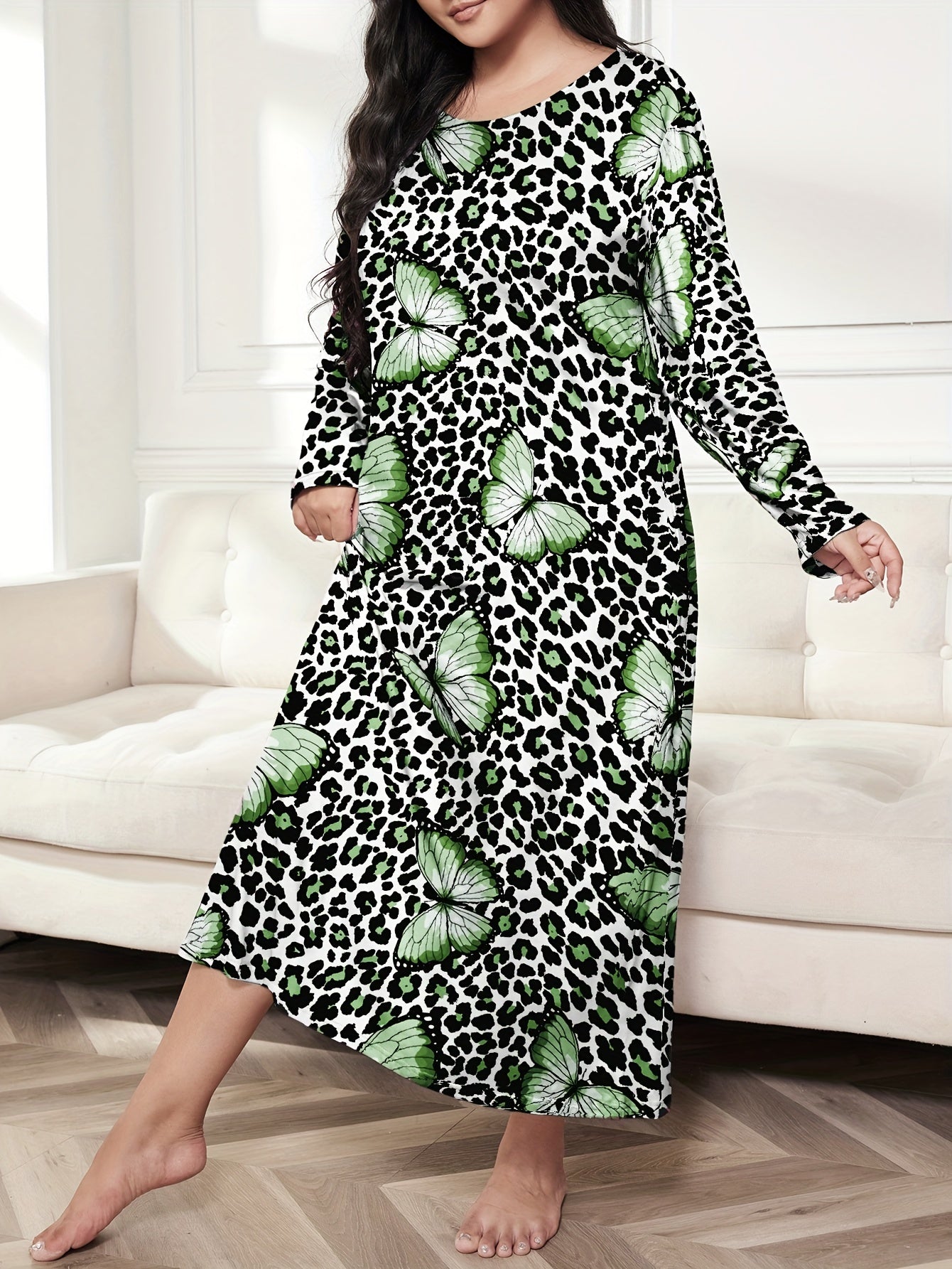  Leopard & Butterfly Print Long Sleeve Nightdress
