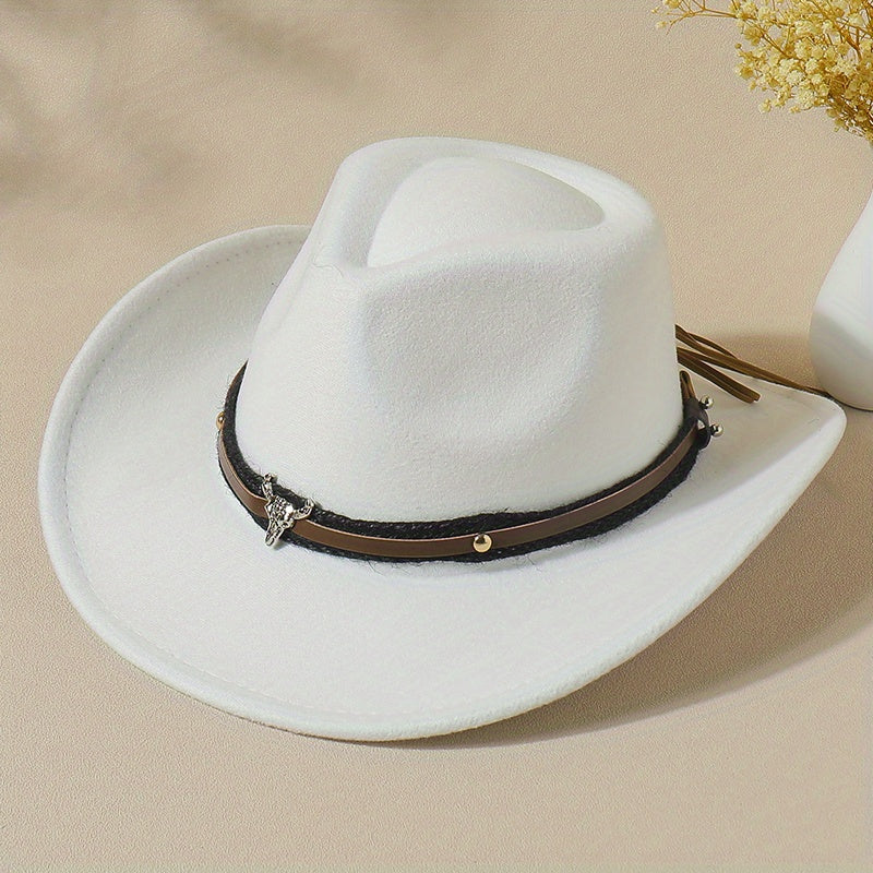 Vintage Jazz Fedora Cap Bull Head Cowboy Hat Solid Felt Casual Sun Hat