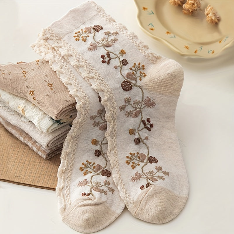 5 Pairs Floral & Bunny Print Ruffle Socks Women's Stockings