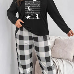 Plus Cat & Musical Notes Print Pajamas Set Crew Neck Tee & Plaid Pants 2 Piece