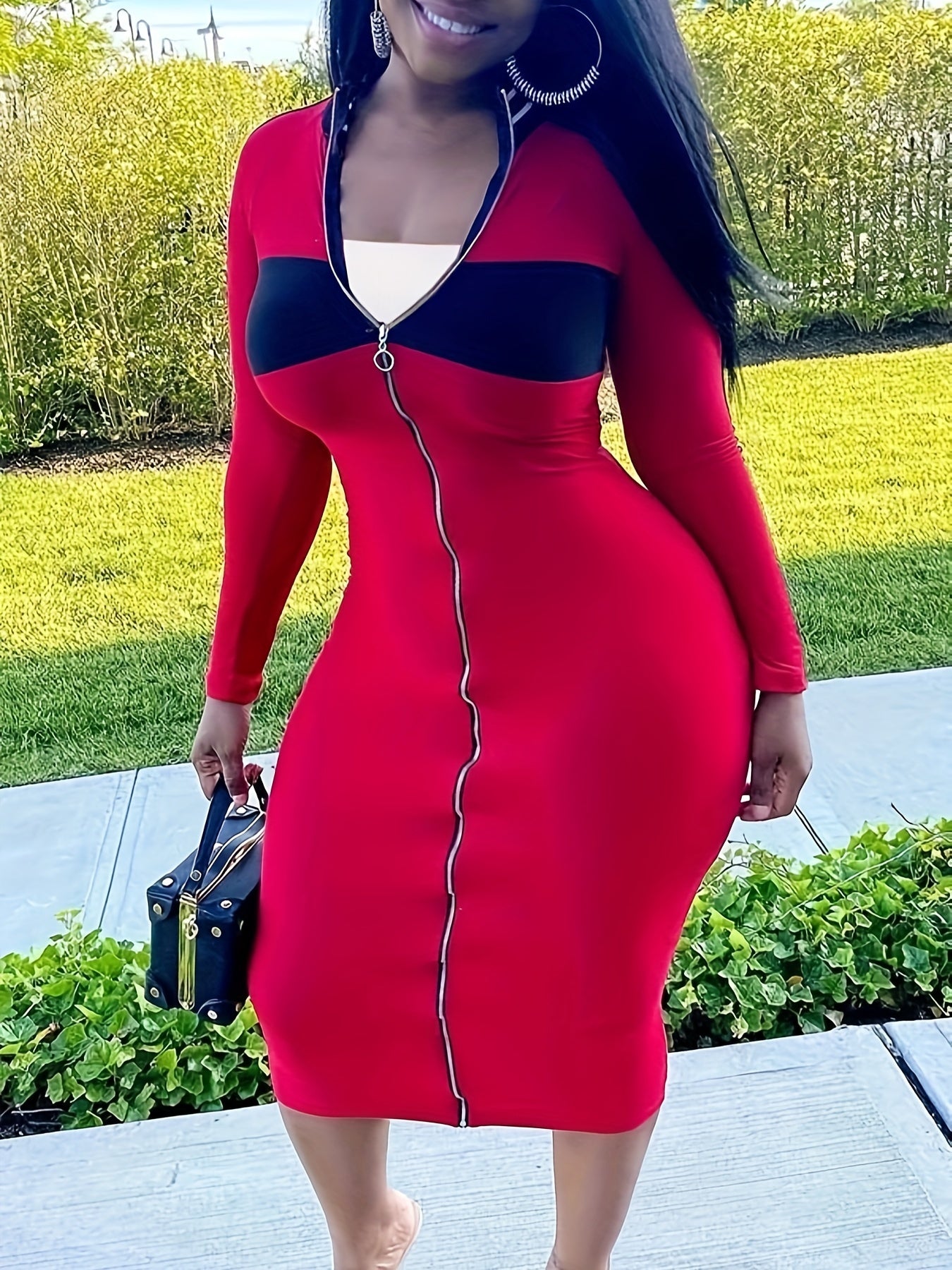  Colorblock Zipper Long Sleeve Bodycon Midi Dress