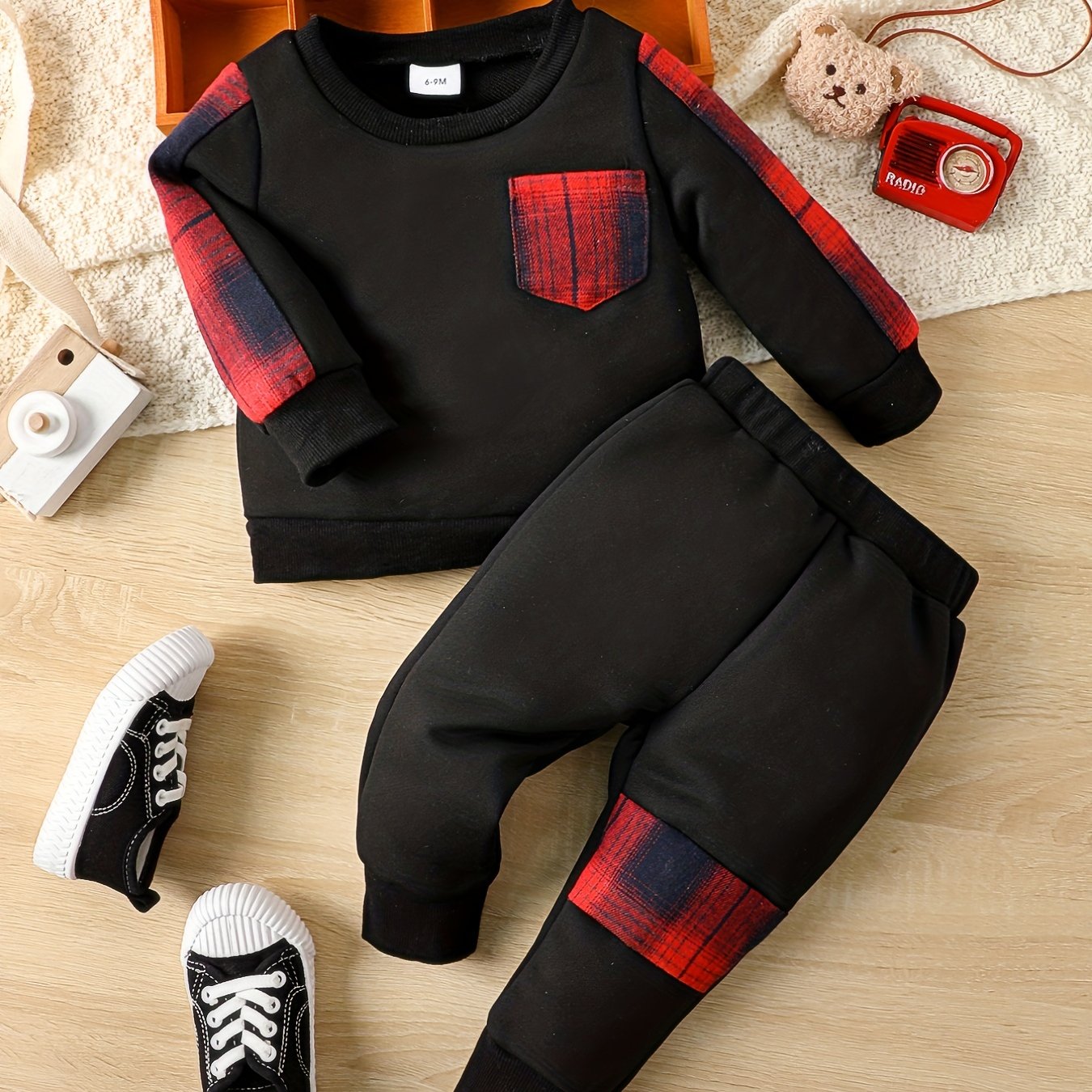 Baby Boy Plaid Long sleeved Top Trousers 2pcs Set
