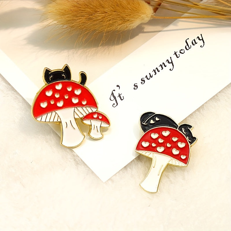 Cat Red Heart Mushroom Brooch