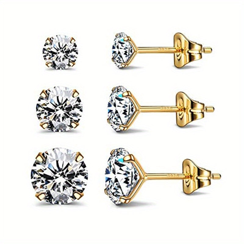3pcs 925 Silver Stud Earrings Set For Women 4mm 5mm 6mm Gift