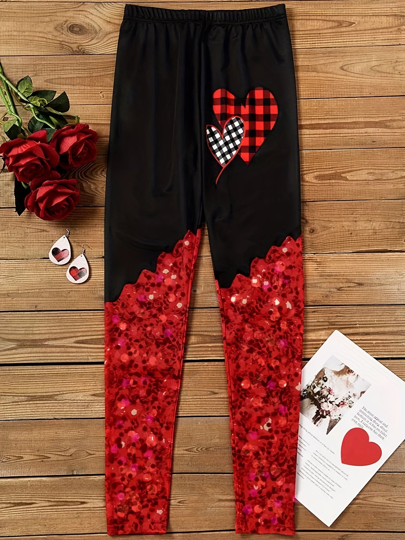  Colorblock Plaid Heart Print Leggings Medium Stretch Slim Fit