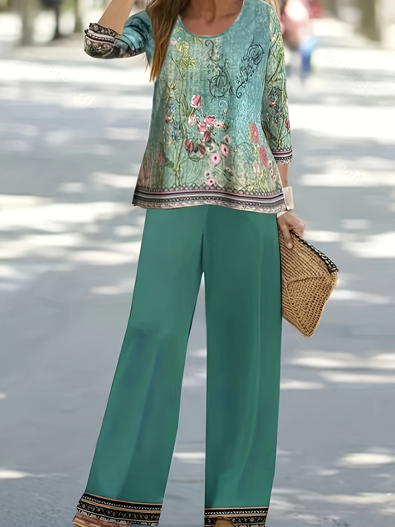  Retro Outfit Set Women's Plus Border Floral Print Round Neck