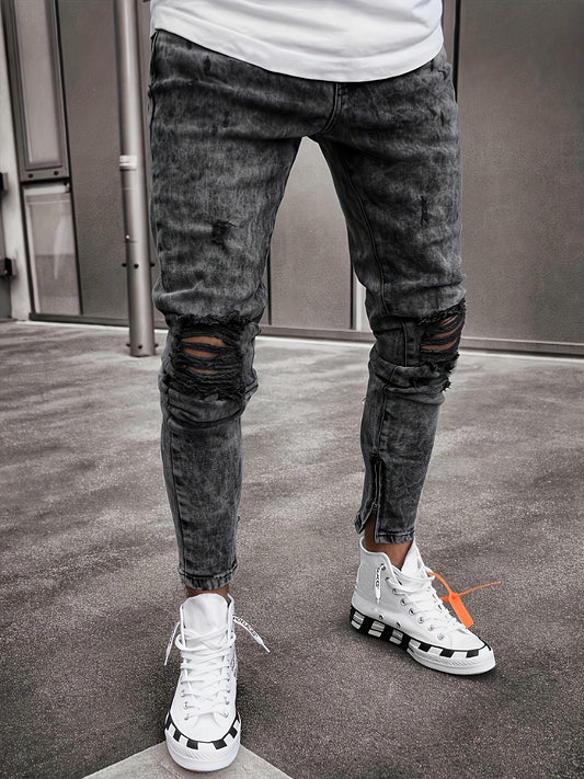 Mens Slim Fit Ripped Jeans, Distressed Stretch Denim Pants