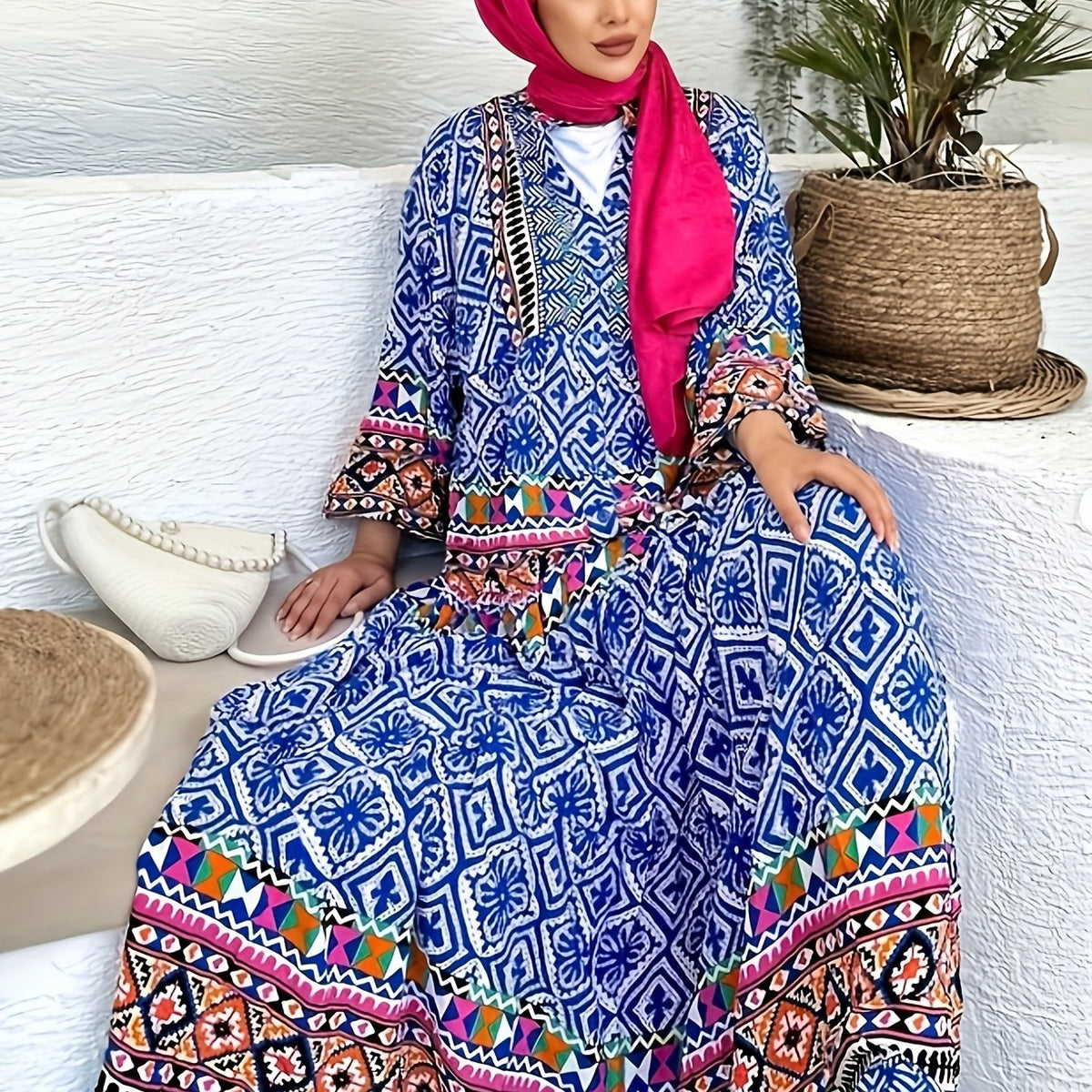  Colorblock Geometric Print Lantern Sleeve Maxi Dress