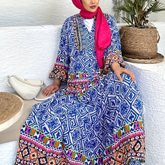  Colorblock Geometric Print Lantern Sleeve Maxi Dress