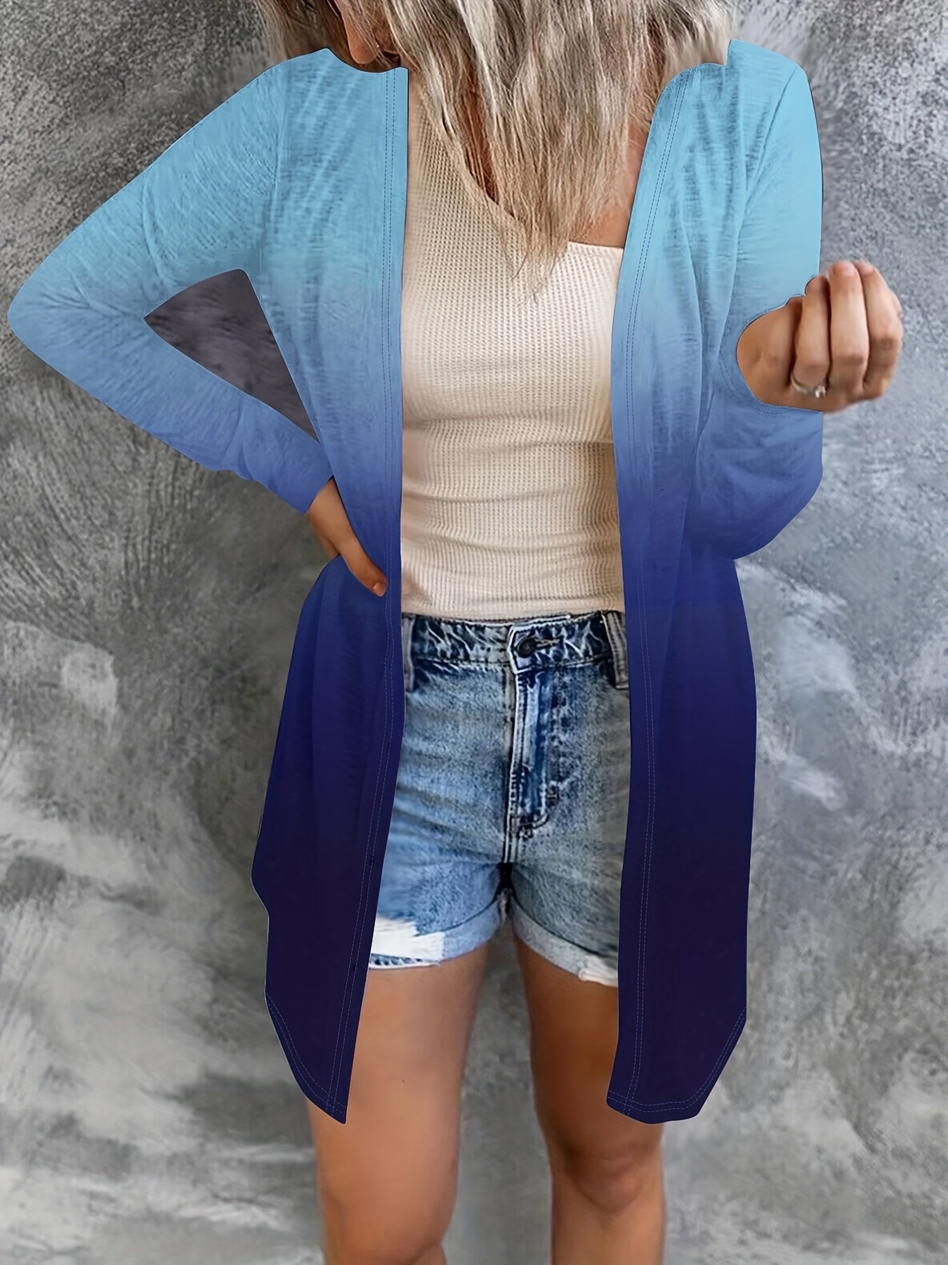  Colorblock Ombre Print Long Sleeve Cardigan